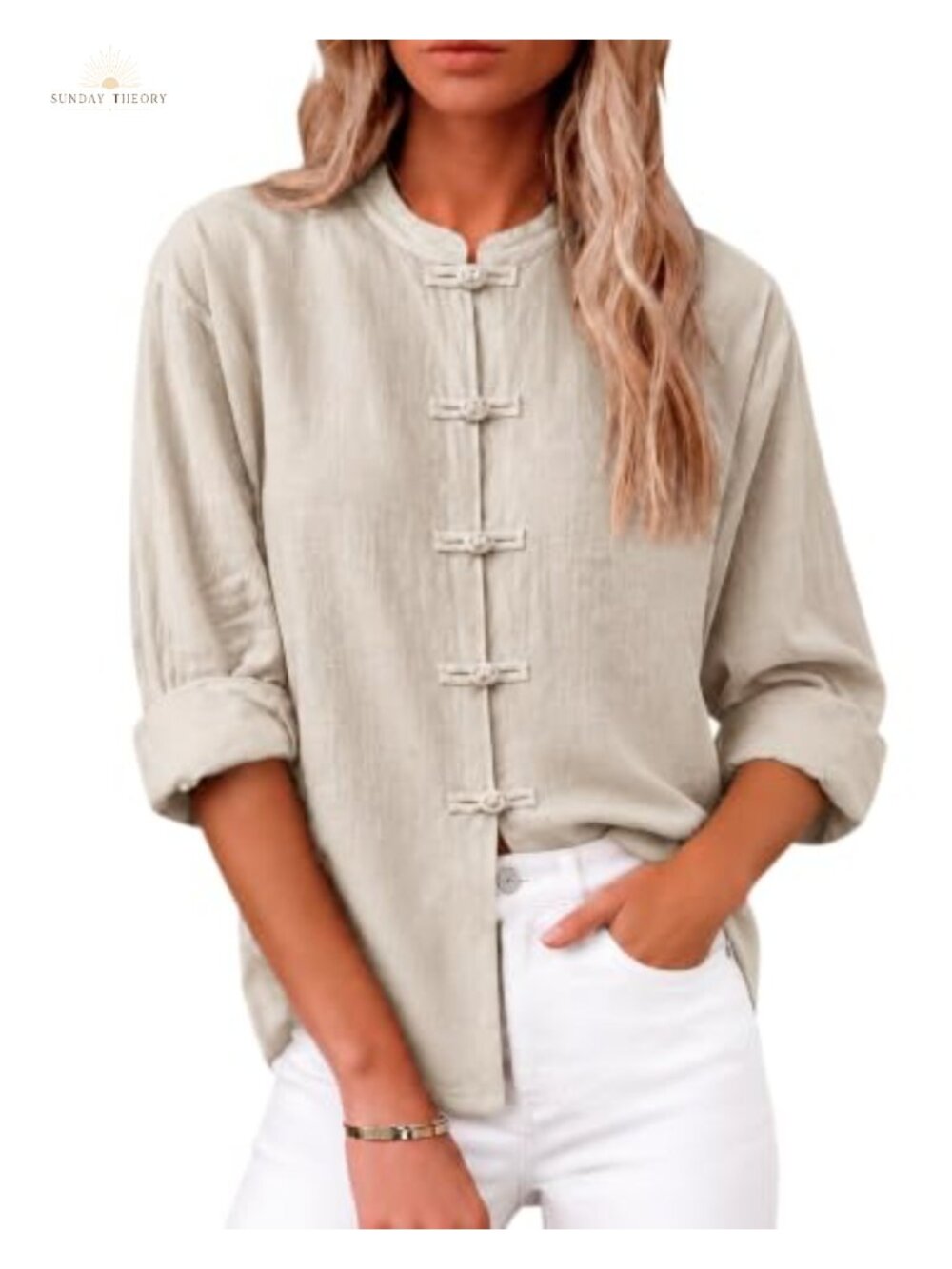 Linen Cotton Blend Mandarin Collar Frog Button Blouse Tunic Top